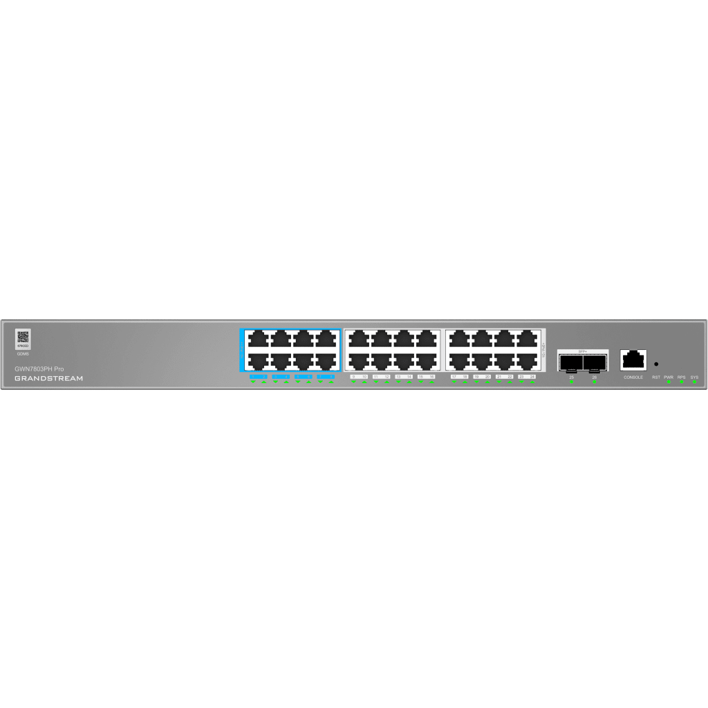GWN7803PH-Pro, Switch PoE Administrable capa 2, 24 x GigaEth PoE/PoE+/PoE++ y 2 x 10Giga SFP+, 471.4w, 60w máx puerto PoE