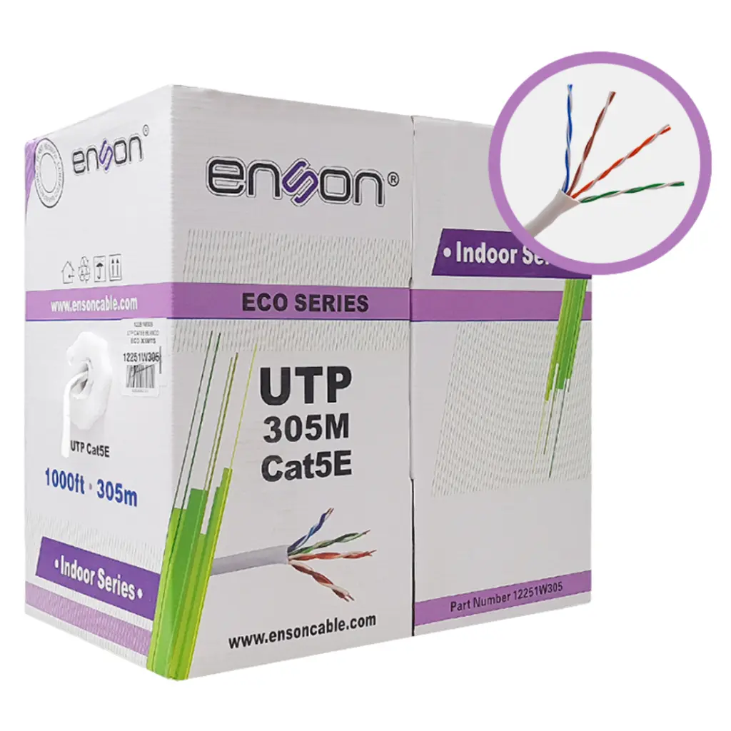 12251W305, Cable UTP Cat5E serie ECO, Cal 24AWG CCA, Bobina 305Mts PVC Color Blanco, Uso Interior