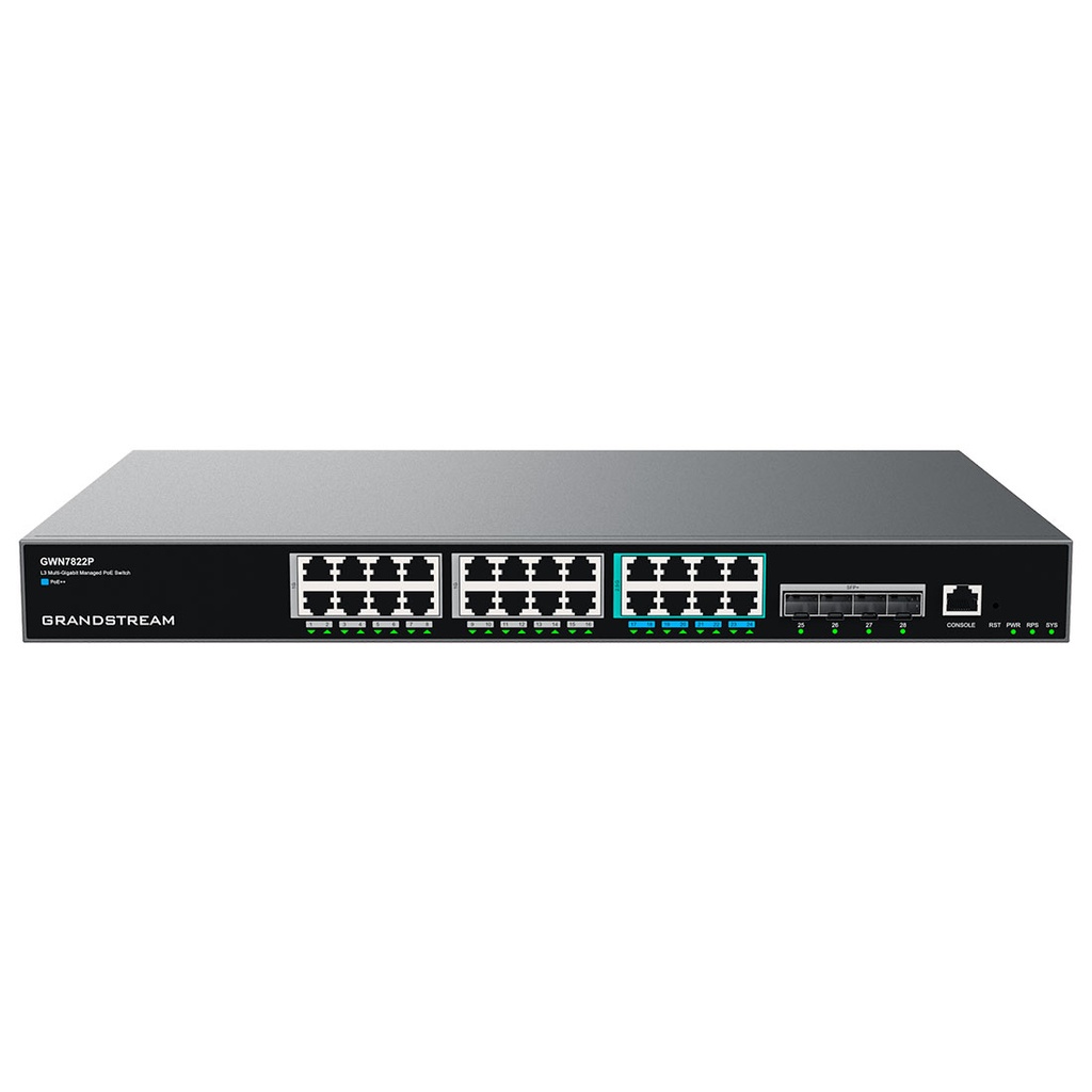 GWN7822P, Switch de agregación PoE++ Administrable capa 3, 8 x 2.5GigaEth PoE++, 16 x GigaEth PoE+, 4 x 10Giga SFP+, 420w, stacking