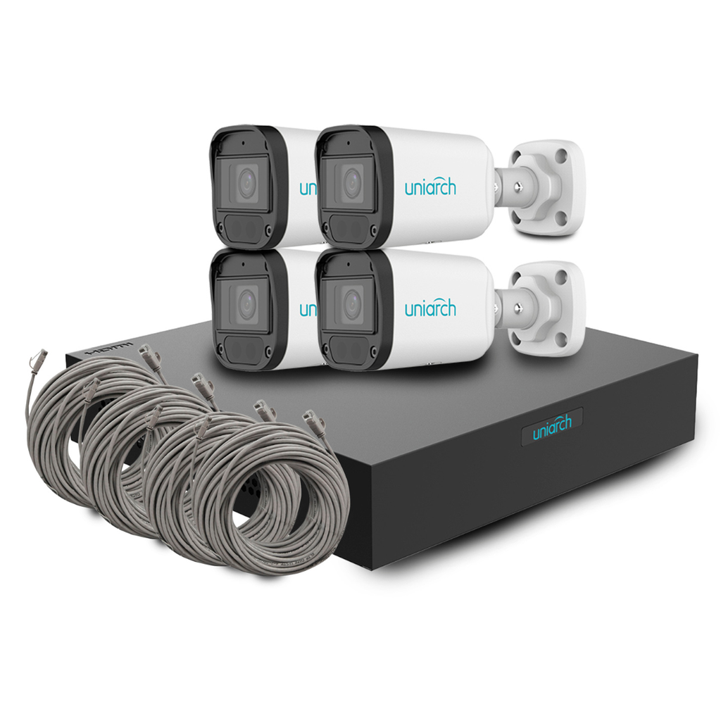 KIT-IPC-B122&NVR-104S3-P4, Kit 4 Cámaras IP Bullet 2MP, 2.8mm, PoE-af, Exteriores, NVR de 4 puertos PoE y 4 cables Cat6 de 18m