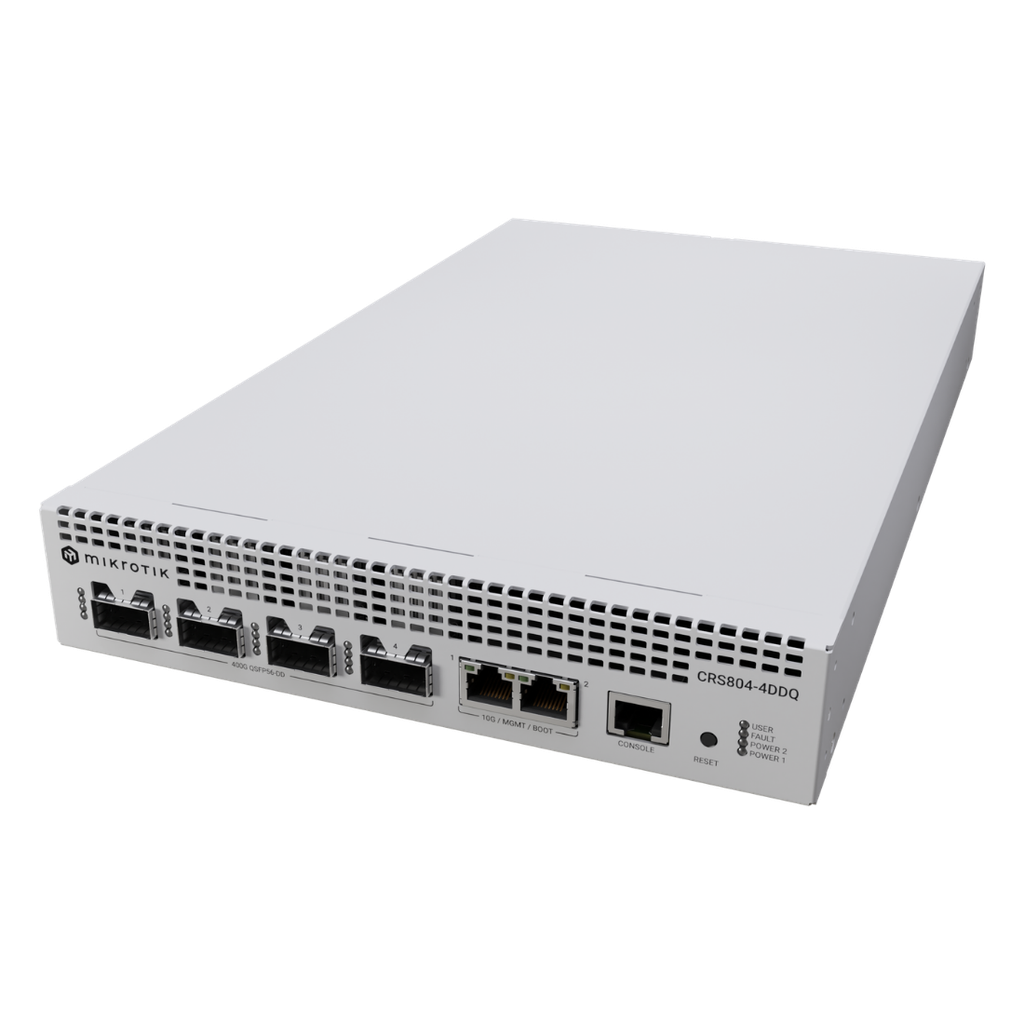 CRS804-4DDQ-hRM, Switch/Router, CPU 4 nucleos 2000 MHz, 4 GB RAM, 4 x QSFP56-DD de 400G, 2 x GEth 10 Gigabit, RouterOS v7
