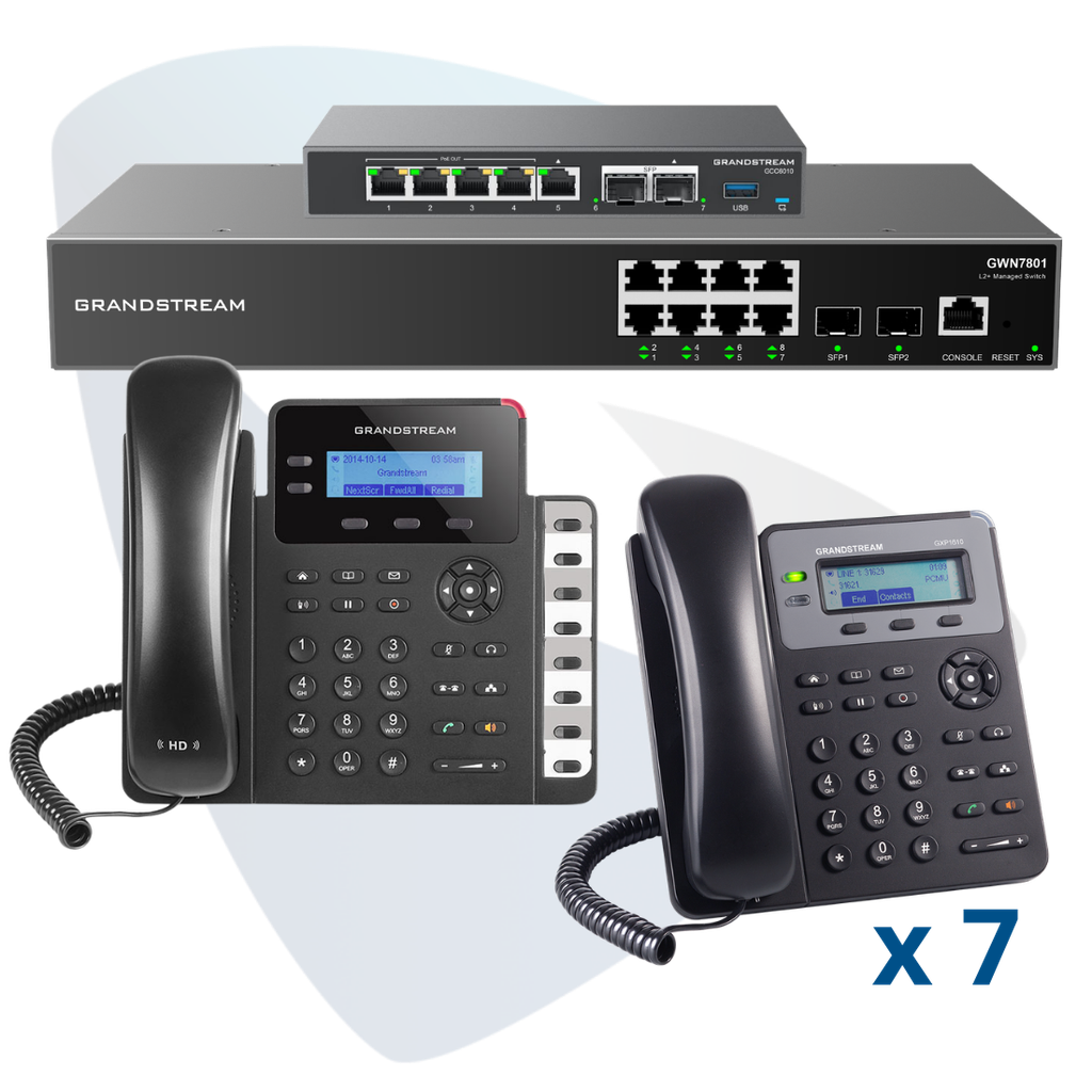 PAQ-GCC-8GXP, Conmutador convergente, 8 teléfonos IP y switch, incluye: GCC6010, 7 x GXP1610, GXP1628 y GWN7801