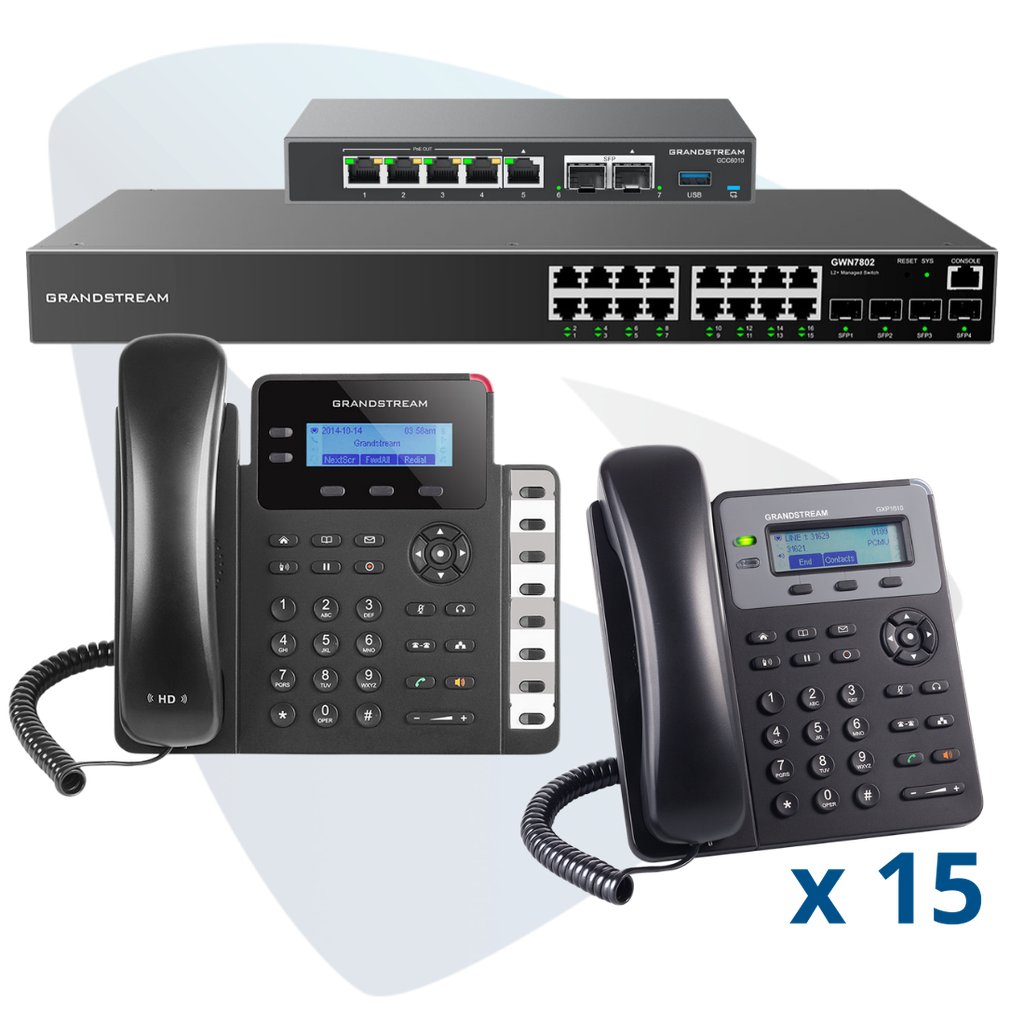 PAQ-GCC-16GXP, Conmutador convergente, 16 teléfonos IP y switch, incluye: GCC6010, 15 x GXP1610, GXP1628, GWN7802 y GCC-UC-50-EXT