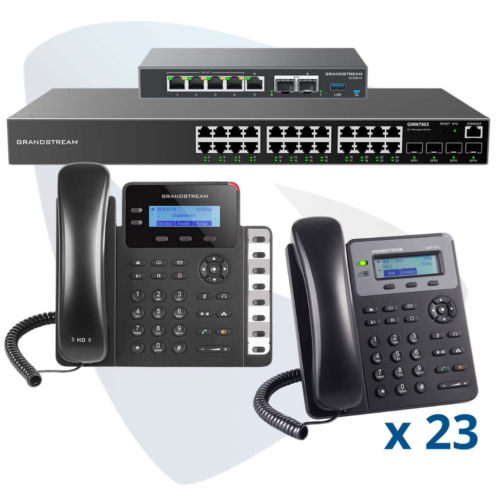 PAQ-GCC-24GXP, Conmutador convergente, 24 teléfonos IP y switch, incluye: GCC6010, 23 x GXP1610, GXP1628, GWN7803 y GCC-UC-50-EXT