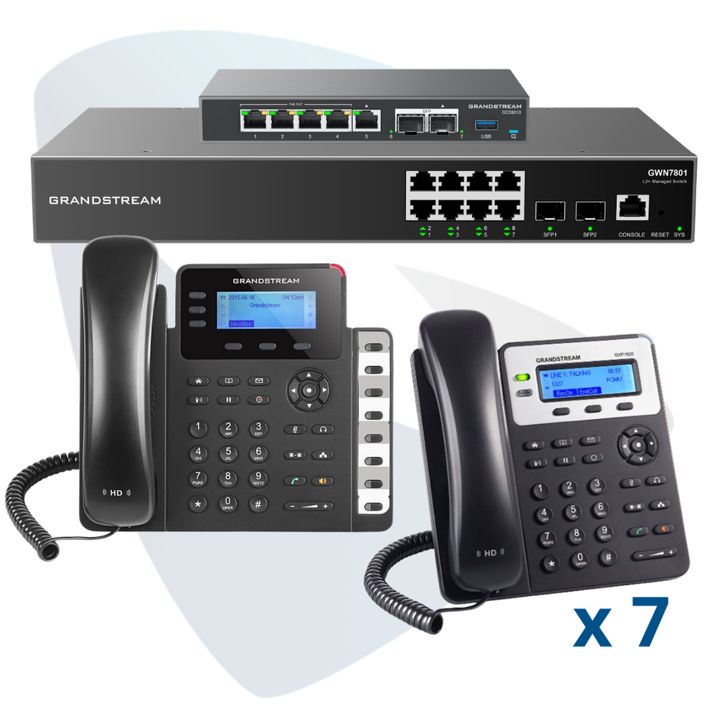 PAQ-GCC-8GXP-PLUS, Conmutador convergente, 8 teléfonos IP y switch, incluye: GCC6010, 7 x GXP1620, GXP1630 y GWN7801