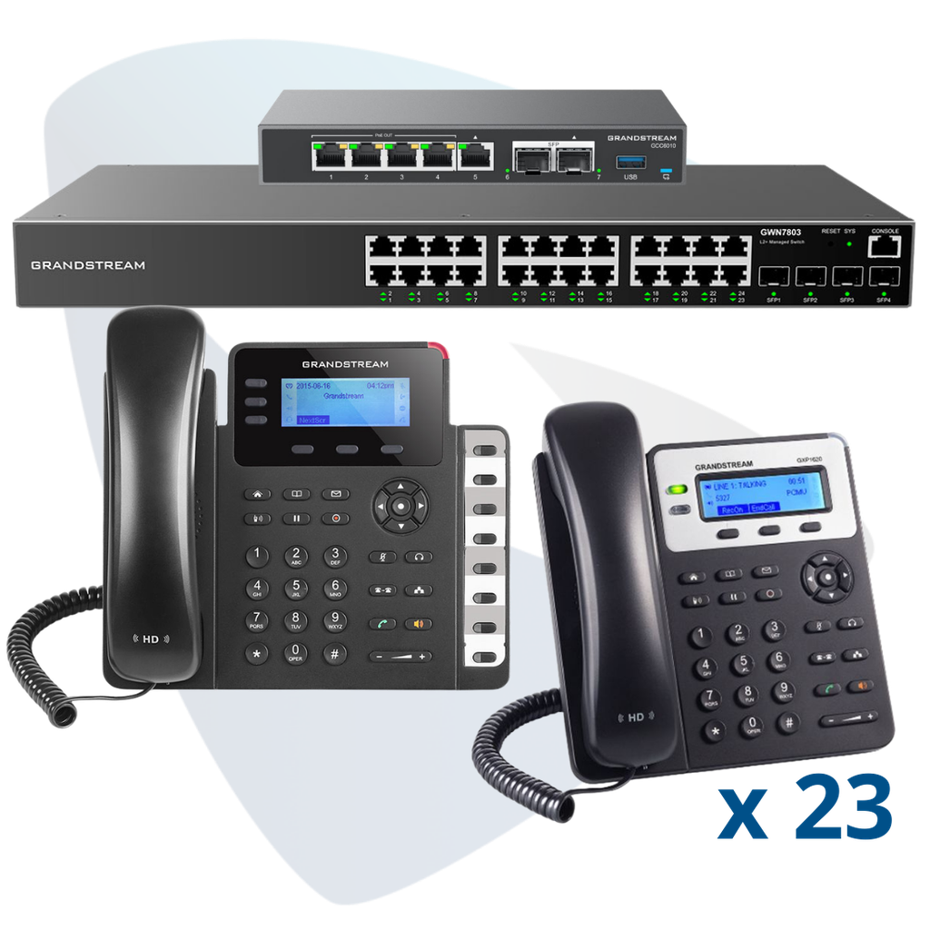 PAQ-GCC-24GXP-PLUS, Conmutador convergente, 24 teléfonos IP y switch, incluye: GCC6010, 23 x GXP1620, GXP1630, GWN7803 y GCC-UC-50-EXT