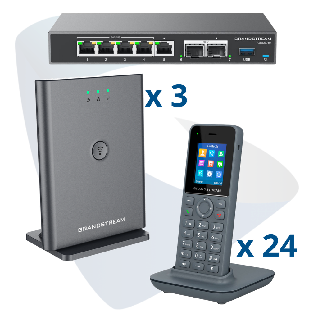 PAQ-GCC-24DP, Conmutador convergente, 24 teléfonos IP/DECT portátiles y estación base DECT, incluye: GCC6010, 24 x DP725, 3 x DP755 y GCC-UC-50-EXT