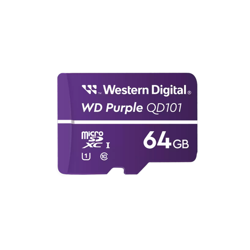 [WDD064G1P0C] WDD064G1P0C Tarjeta Memoria MicroSD XC 64GB, Serie Purple, para Videovigilancia 7x24. Ideal para IP-PBX, cámaras IP o DVR móviles