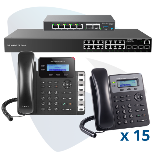 [PAQ-GCC-16GXP] PAQ-GCC-16GXP, Conmutador convergente, 16 teléfonos IP y switch, incluye: GCC6010, 15 x GXP1610, GXP1628, GWN7802 y GCC-UC-50-EXT