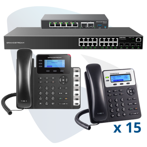 [PAQ-GCC-16GXP-PLUS] PAQ-GCC-16GXP-PLUS, Conmutador convergente, 16 teléfonos IP y switch, incluye: GCC6010, 15 x GXP1620, GXP1630, GWN7802 y GCC-UC-50-EXT