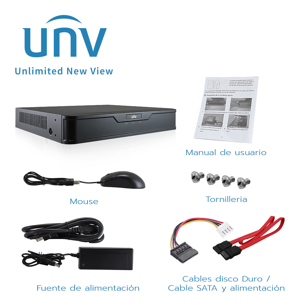 UNVPACK01, NVR301 con PoE, 4 Cámaras Bullet 2MP y Disco Duro de 1 Tera