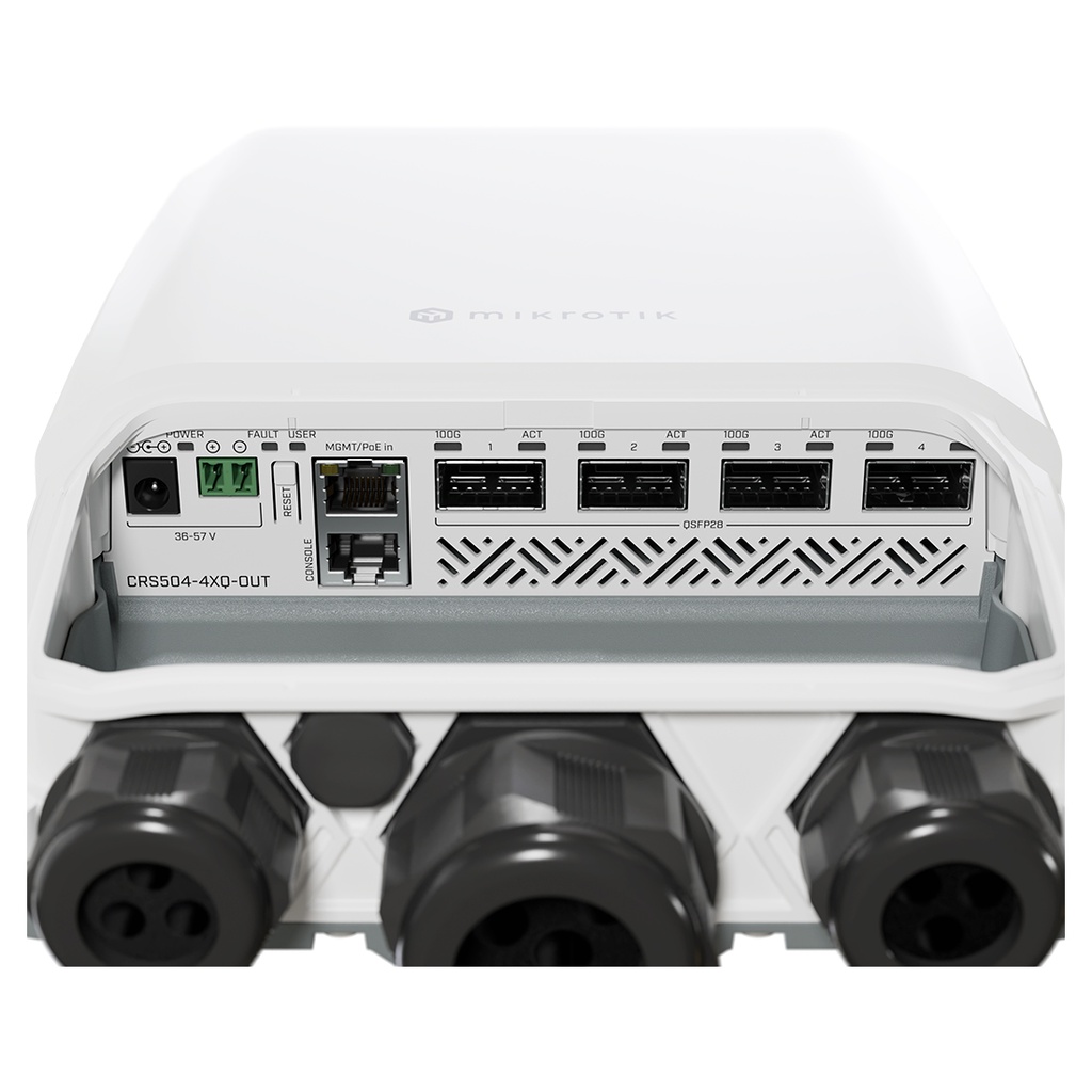 CRS504-4XQ-OUT, Switch exteriores CPU 650MHz, 128MB RAM, 1 Eth 10/100, 4 QSFP28 100G, CD jack y 802.3bt PoE-in, RouterOS