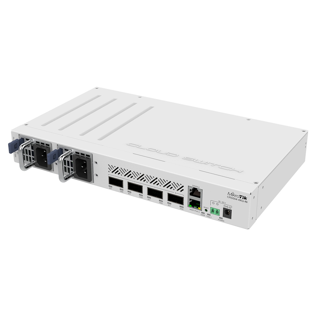 CRS504-4XQ-IN, Switch CPU 650MHz, 64MB RAM, 1 Eth 10/100, 4 QSFP28 100G, CA/CD y 802.3bt PoE-in, RouterOS