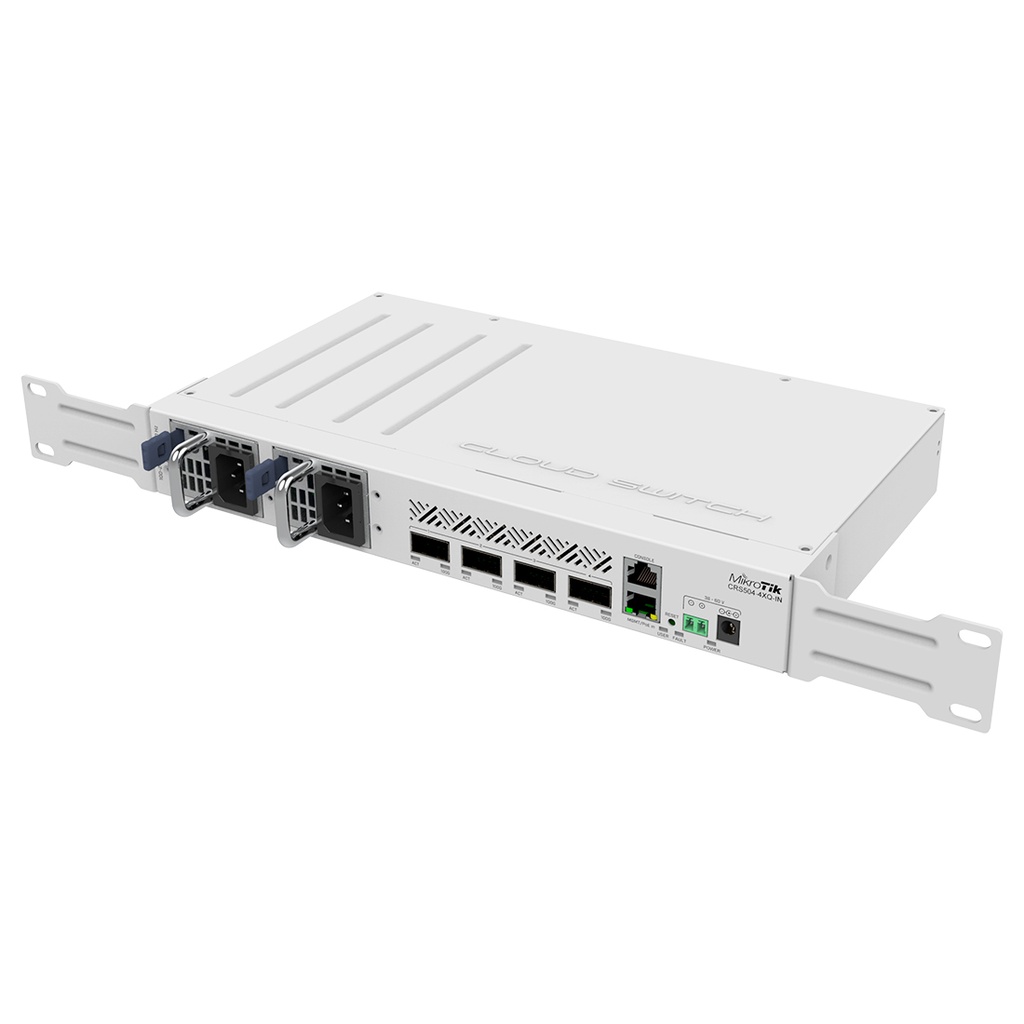 CRS504-4XQ-IN, Switch CPU 650MHz, 64MB RAM, 1 Eth 10/100, 4 QSFP28 100G, CA/CD y 802.3bt PoE-in, RouterOS