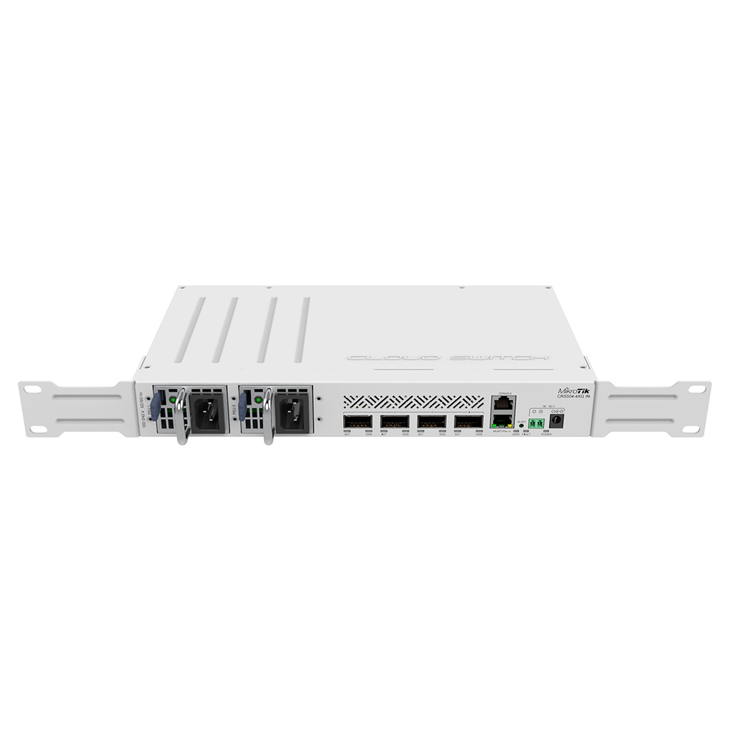CRS504-4XQ-IN, Switch CPU 650MHz, 64MB RAM, 1 Eth 10/100, 4 QSFP28 100G, CA/CD y 802.3bt PoE-in, RouterOS