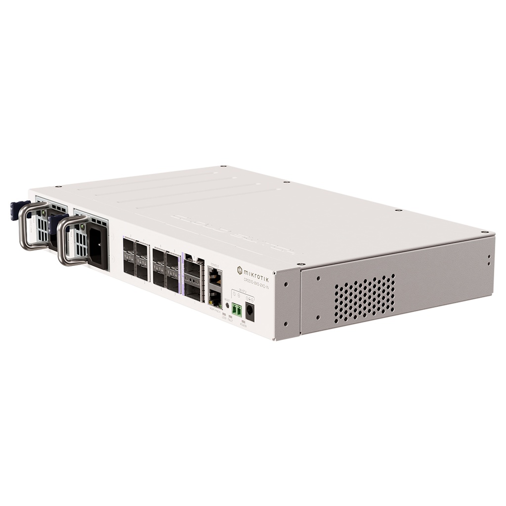 CRS510-8XS-2XQ-IN, Switch CPU 650MHz, 128MB RAM, 1 Eth 10/100, 8 SFP28 25G, 2 QSFP28 100G, CA/CD y 802.3bt PoE-in, RouterOS