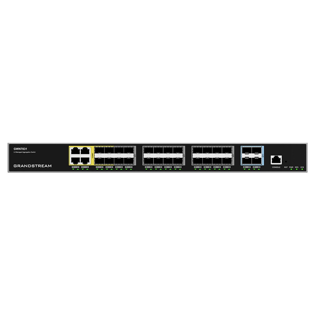 GWN7831, Switch de agregación Administrable capa 3, 4 x Combo, 24 x Giga SFP, 4 x 10 Giga SFP+