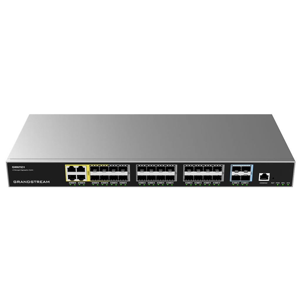 GWN7831, Switch de agregación Administrable capa 3, 4 x Combo, 24 x Giga SFP, 4 x 10 Giga SFP+