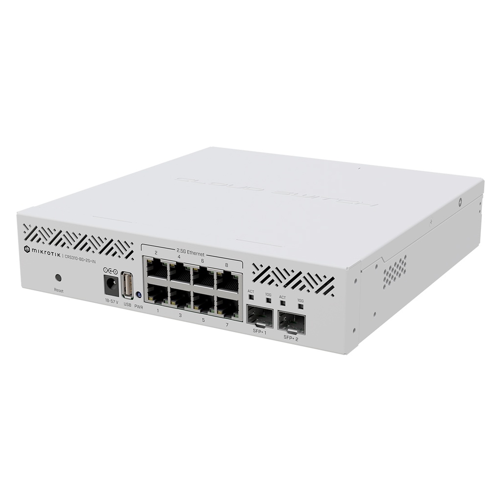 CRS310-8G+2S+IN, Router Switch CPU 800Mhz, RAM 256MB, 8x2.5GigaEth, 2xSFP+ 10Gbps, RouterOS L5