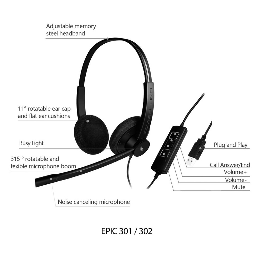 EPIC 302, Diadema UC, control llamada, mute y vol, USB (Binaural)