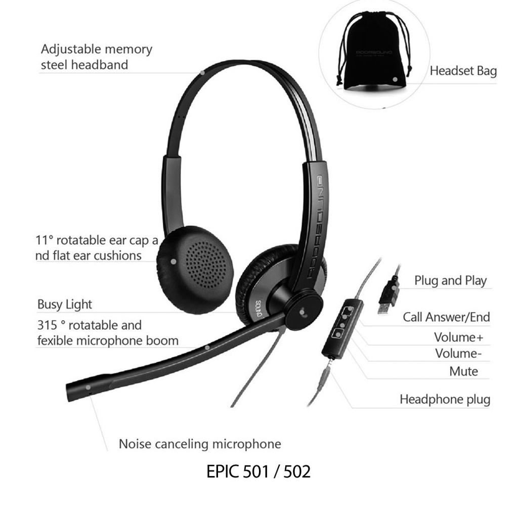 EPIC 502, Diadema UC, control llamada, mute y vol, 3.5mm y USB (Binaural)