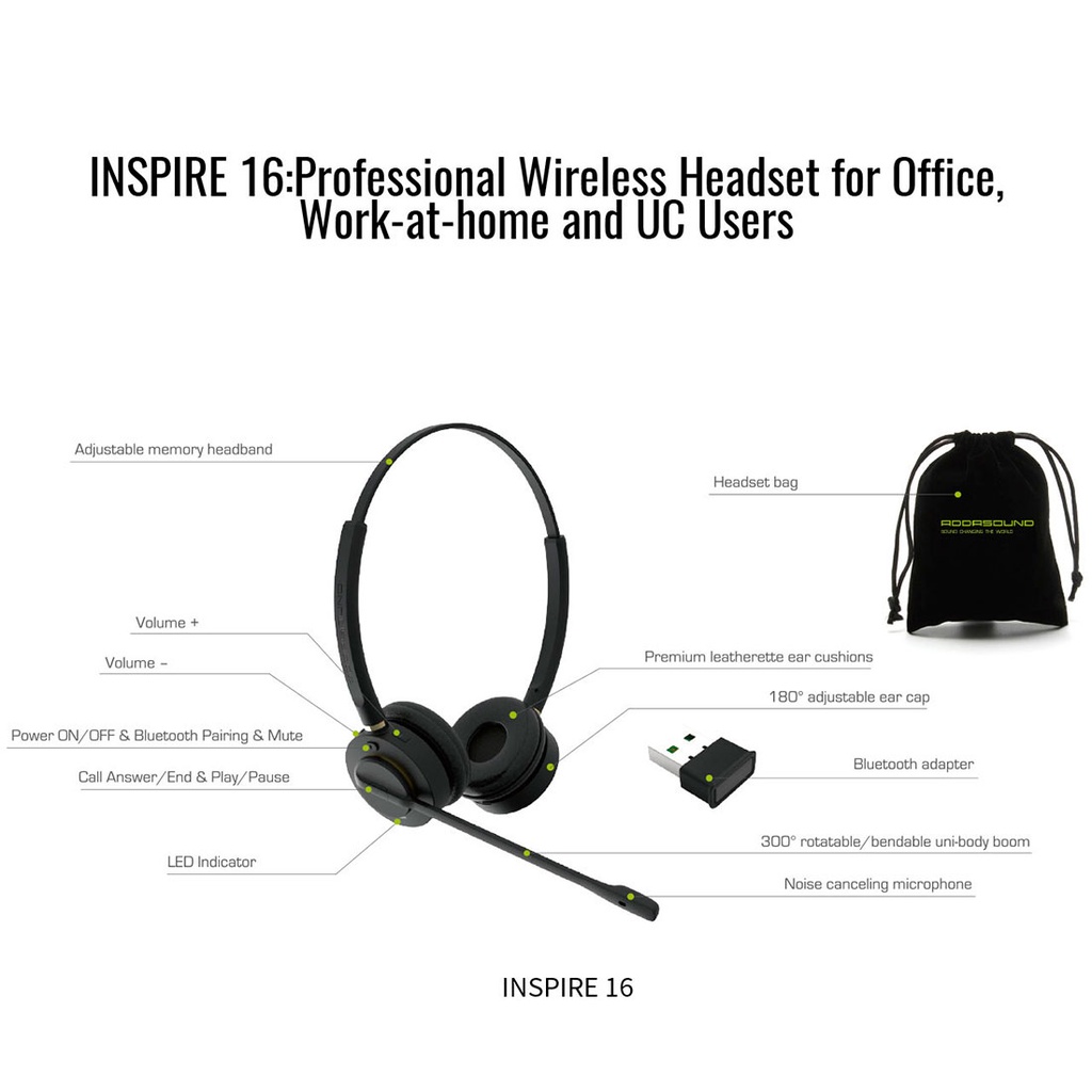 INSPIRE 16, Diadema Bluetooth, cancelación ruido y eco, adaptador USB-BT (Binaural)