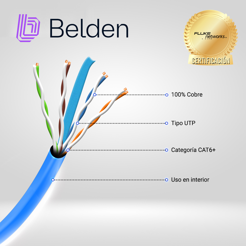 2412 006A1000, Cable UTP CAT6+, para interior, color azul, 350 MHZ, 4 pares, 23 AWG, forro PVC, CMR, bobina en caja, 1000 FT (305 MT)