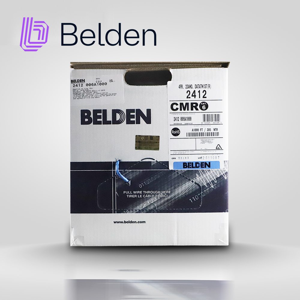 2412 006A1000, Cable UTP CAT6+, para interior, color azul, 350 MHZ, 4 pares, 23 AWG, forro PVC, CMR, bobina en caja, 1000 FT (305 MT)