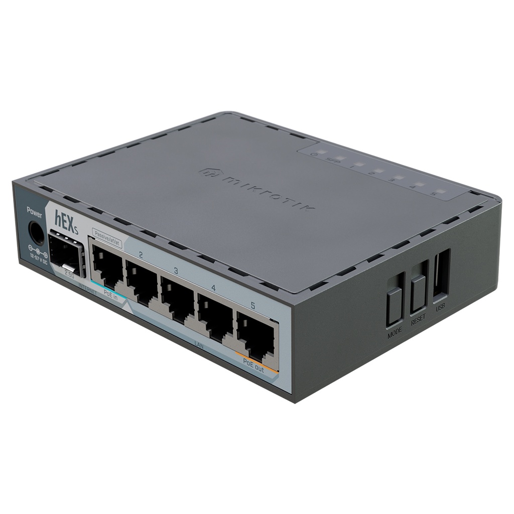 E60iUGS, hEX S, Ruteador Dual Core 950MHz, 512MB RAM, 2.5G SFP, 5xGEth, USB, RouterOS v7 L4, gabinete plástico