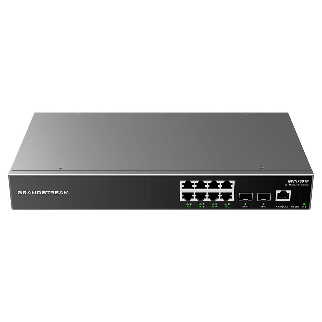 GWN7801P-PRO, Switch PoE Administrable capa 2, 8 x GigaEth PoE/PoE+ y 2 x 2.5Giga SFP. 145.5w, 30w máx puerto PoE
