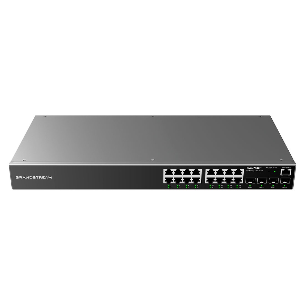 GWN7802P-PRO, Switch PoE Administrable capa 2, 16 x GigaEth PoE/PoE+/PoE++ y 2 x 10Giga SFP+, 294.4w, 60w máx puerto PoE