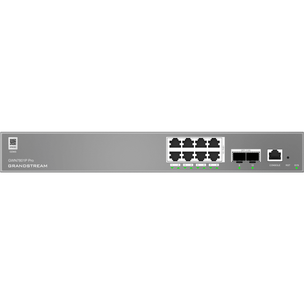 GWN7801P-PRO, Switch PoE Administrable capa 2, 8 x GigaEth PoE/PoE+ y 2 x 2.5Giga SFP. 145.5w, 30w máx puerto PoE