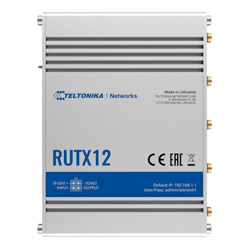 RUTX12, Ruteador 4G/LTE (Cat 6) hasta 300Mbps, Doble SIM, WAN Failover y Balanceo, WiFi ac wave-2, Bluetooth, 1xWAN, 4xLAN, RMS, GNSS, USB