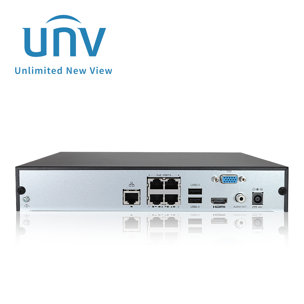 NVR301-04S3-P4, NVR 8MP 4Ch, 4 PoE 300m, 1 HDD hasta 6TB, HDMI 4K y VGA, 64 Mbps, Ultra265, Analitícas, VCA Search IA (Easy)