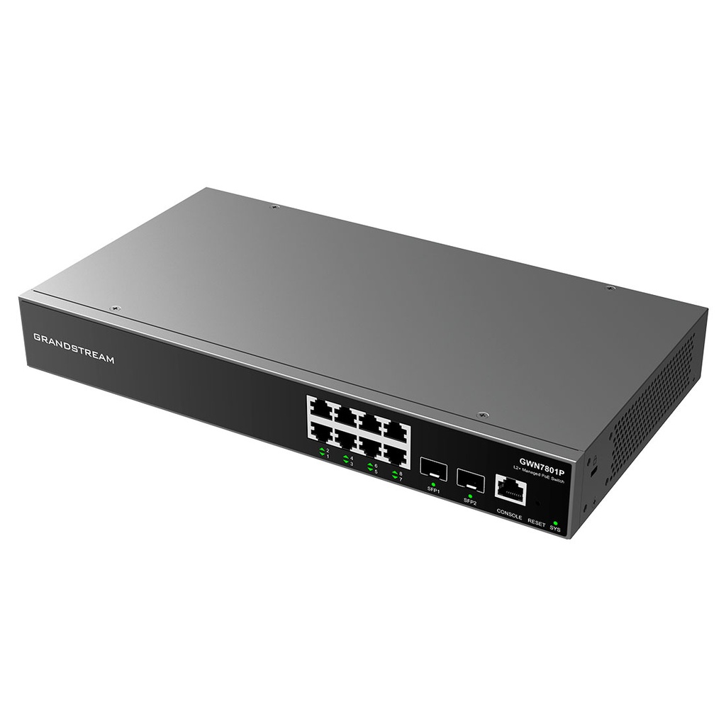 GWN7801P, Switch PoE Administrable capa 2, 8 x GigaEth PoE/PoE+ y 2 x Giga SFP. 150w, 30w máx puerto PoE