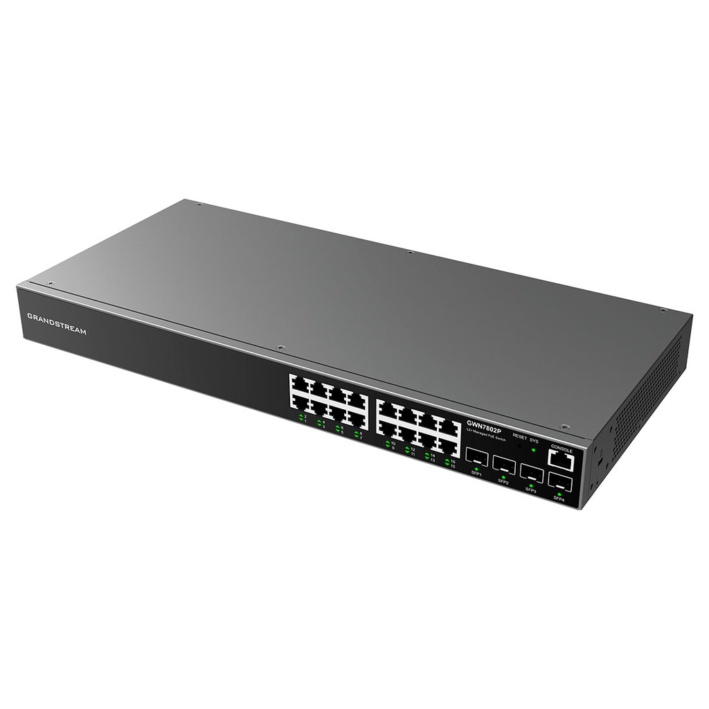 GWN7802P, Switch PoE Administrable capa 2, 16 x GigaEth PoE/PoE+ y 4 x Giga SFP, 270w, 30w máx puerto PoE