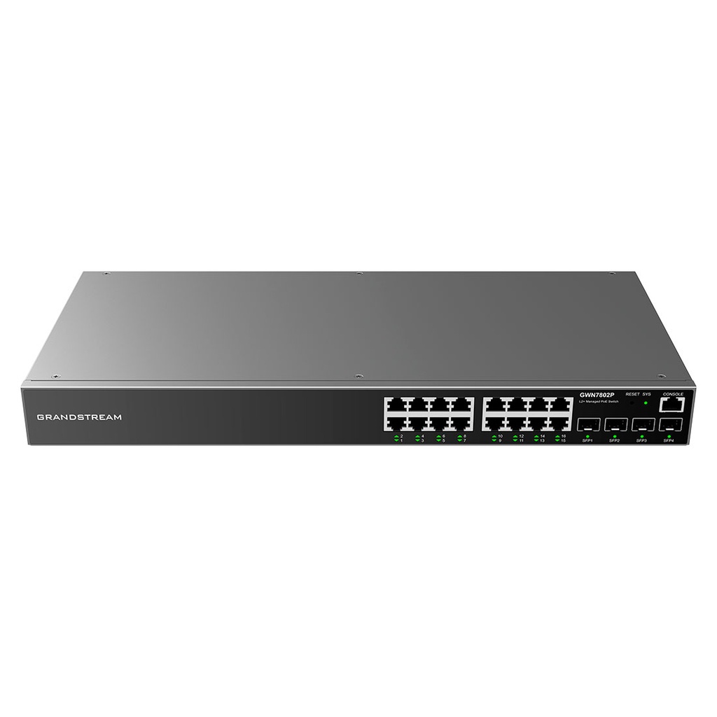 GWN7802P, Switch PoE Administrable capa 2, 16 x GigaEth PoE/PoE+ y 4 x Giga SFP, 270w, 30w máx puerto PoE