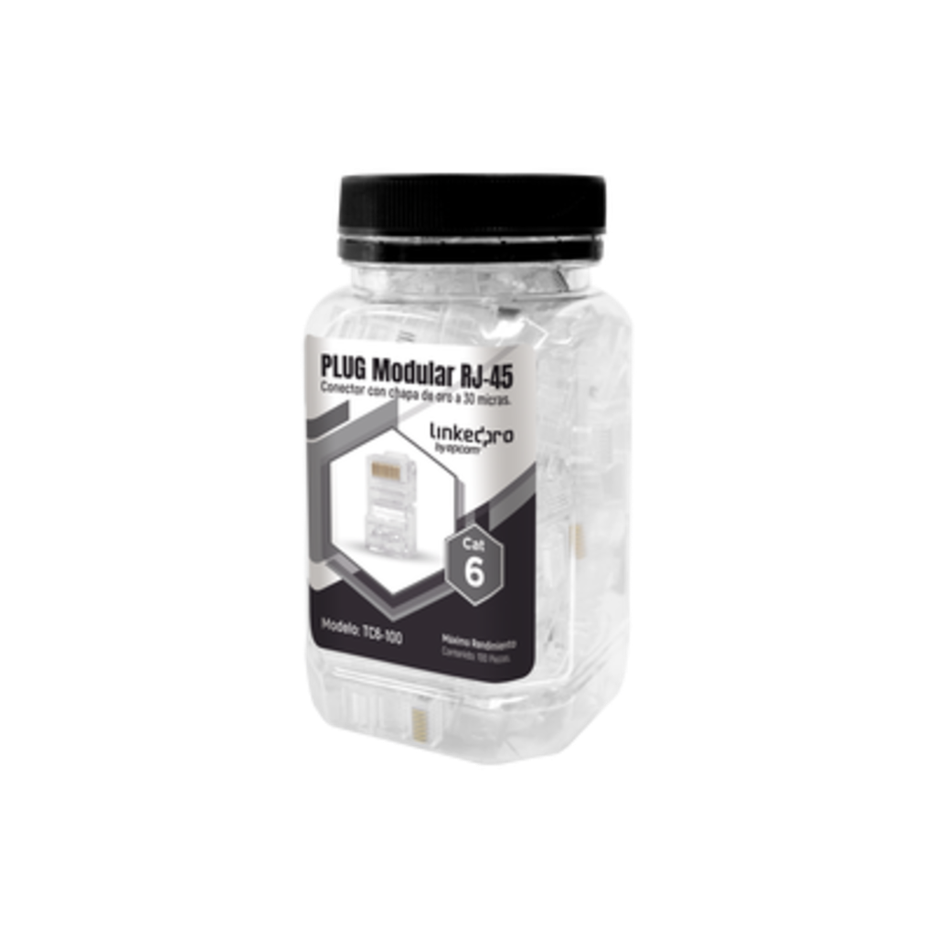 TC6/100, Bote con 100 Piezas de Plug Modular RJ45 Cat6 sin blindaje, chapado de oro a 30 micras para durabilidad extrema