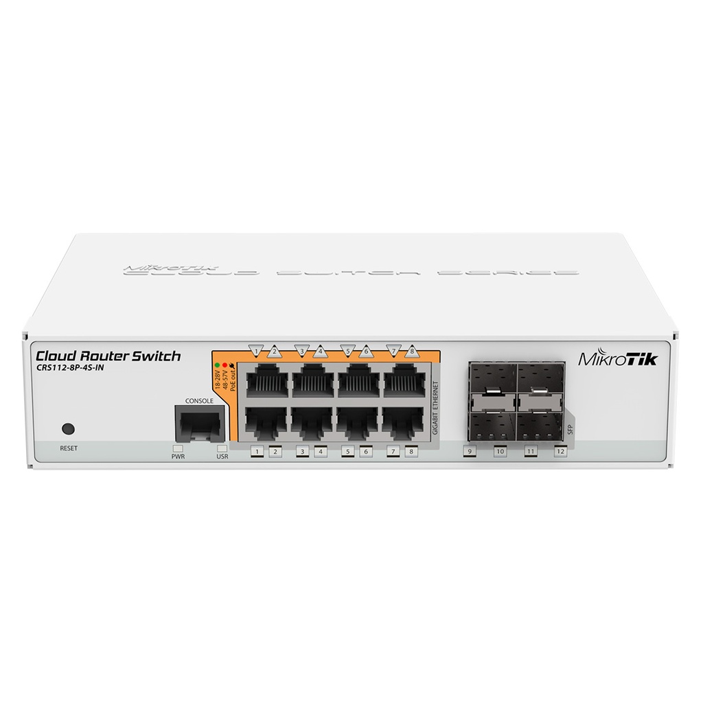 CRS112-8P-4S-IN, Switch PoE 8 GbEth, 4 SFP, 160w, 802.3af/at y 24v pass