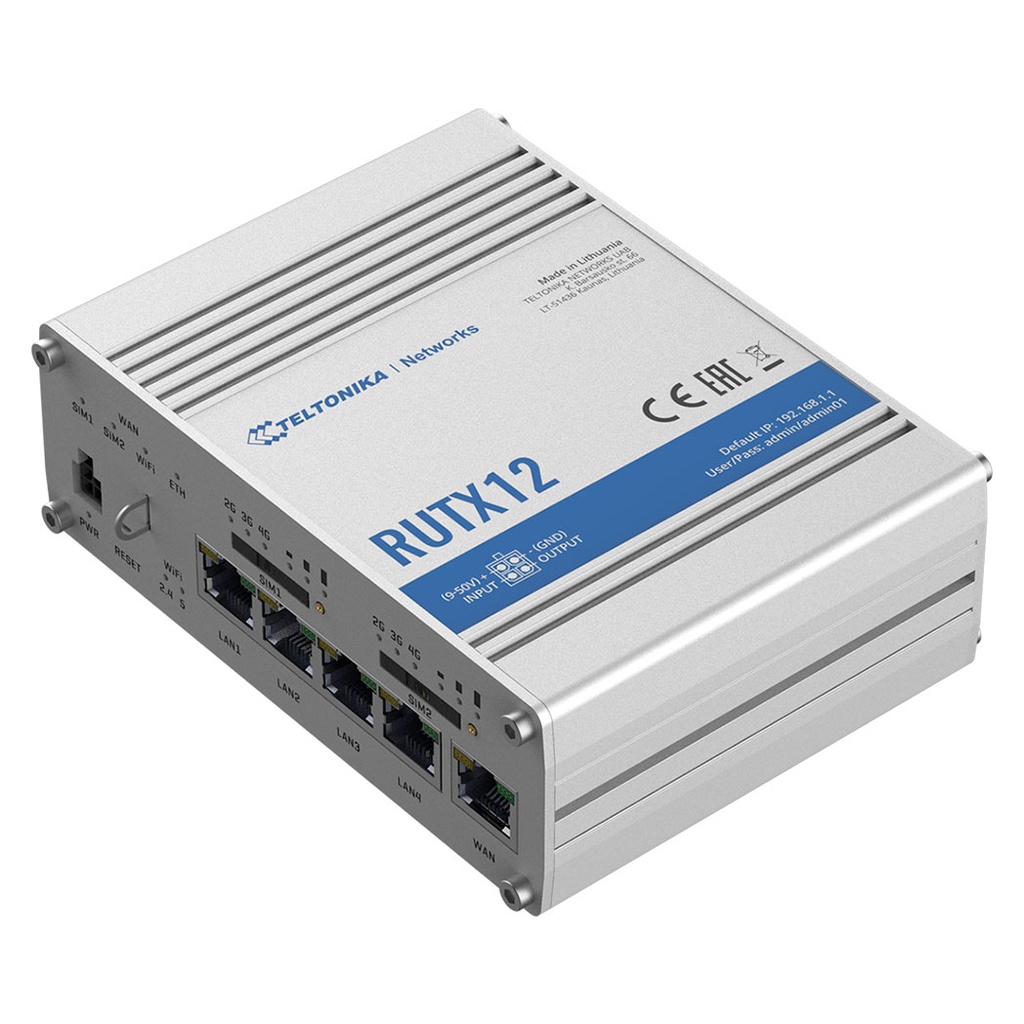 RUTX12, Ruteador 4G/LTE (Cat 6) hasta 300Mbps, Doble SIM, WAN Failover y Balanceo, WiFi ac wave-2, Bluetooth, 1xWAN, 4xLAN, RMS, GNSS, USB