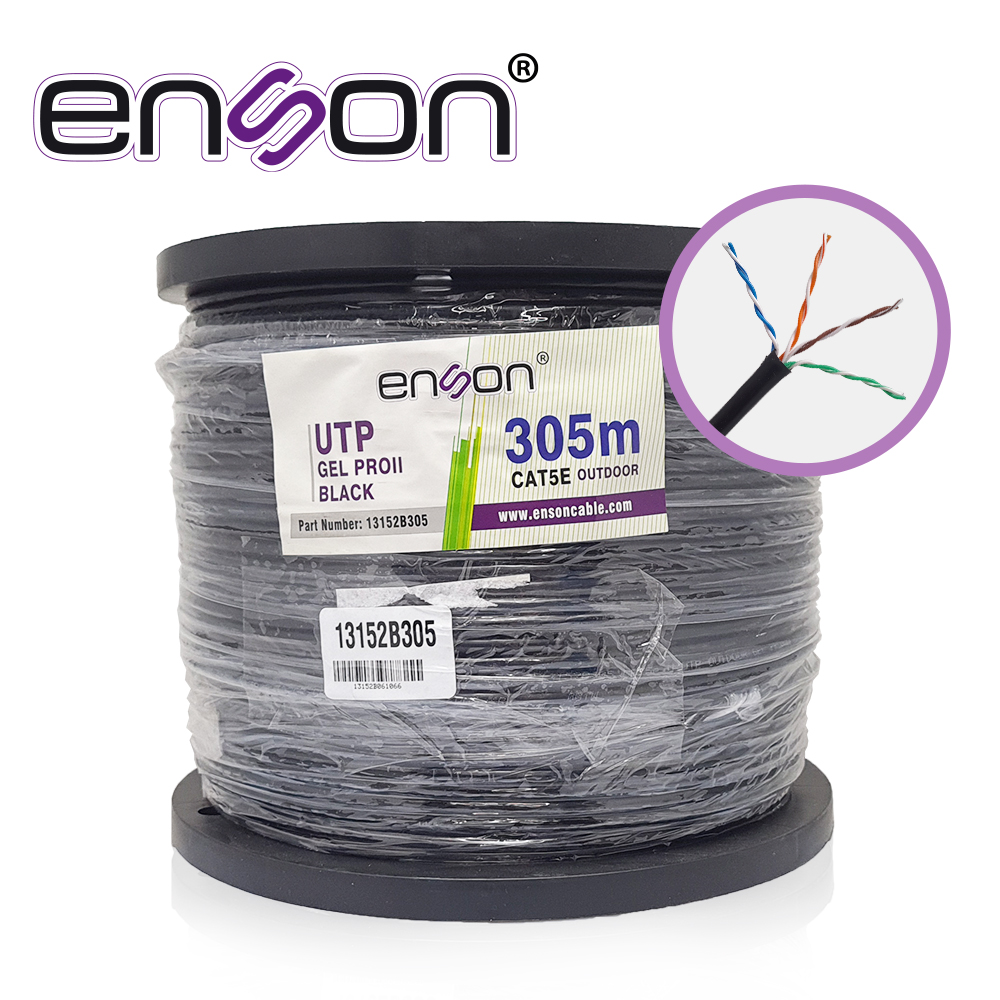 13152B305, Cable UTP Cat5E serie Pro-II con Gel Cal 24AWG Cobre, Bobina 305Mts, Forro Negro, Exterior