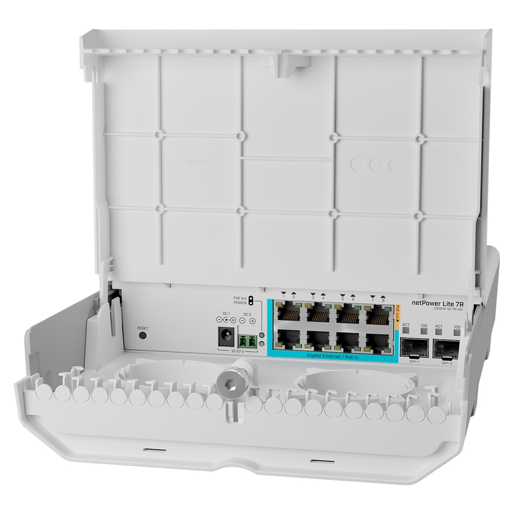 CSS610-1GI-7R-2S+OUT, NetPower Lite 7R, Switch Smart 7 puertos PoE Inverso Gigabit, 2 SFP+ 10G, para exterior, SwitchOS Lite