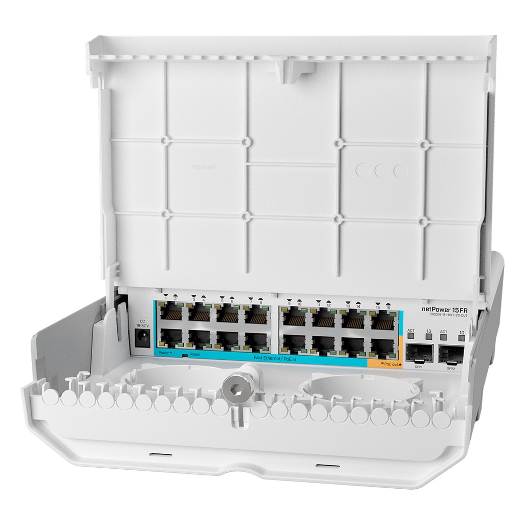 CRS318-1Fi-15Fr-2S-OUT, netPower 15FR, Ruteador/Switch exteriores, CPU 800Mhz, RAM 256MB, 16xEth PoE Pasivo, 2xSFP