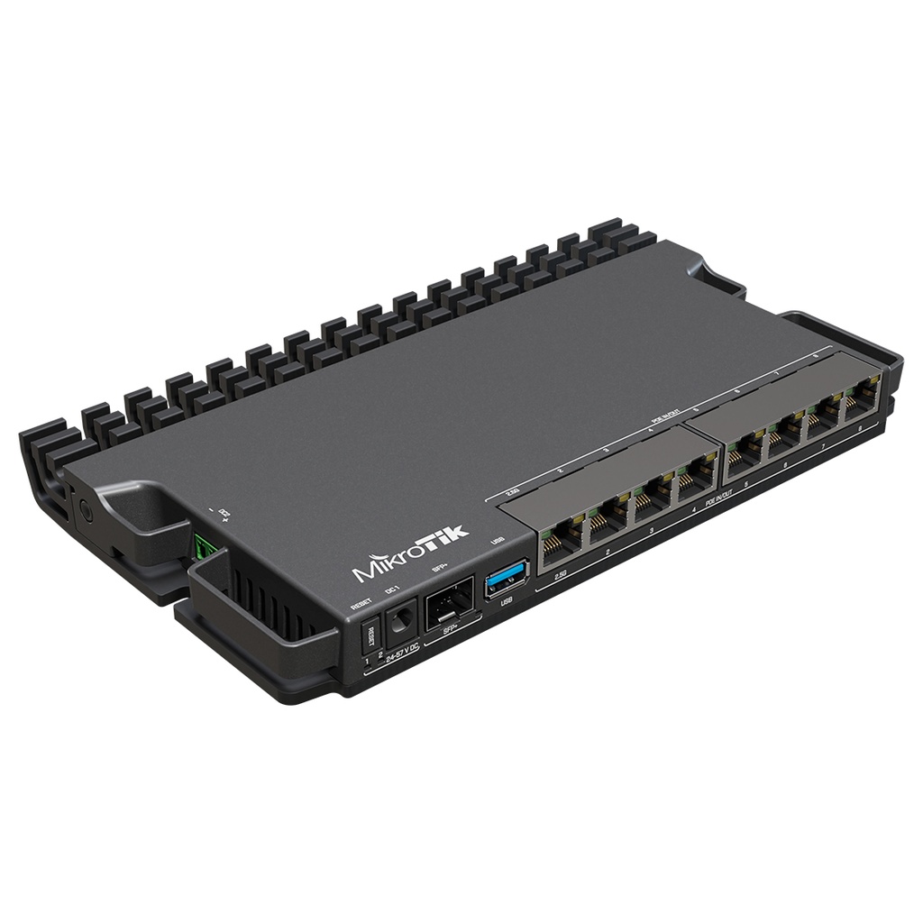 RB5009UPr+S+IN, Ruteador PoE, 8xGEth PoE in/out, 1xSFP+, CPU 1.4G, 1G RAM, RouterOS v7