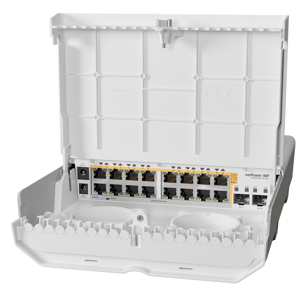 CRS318-16P-2S+OUT, netPower 16P,  Switch Exteriores, 16 GEth PoE 802.3af/at, 2 SFP+ 10G, 	RouterOS/SwitchOS