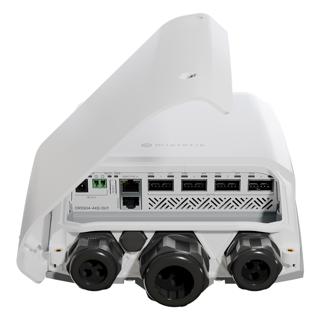 CRS504-4XQ-OUT, Switch exteriores CPU 650MHz, 128MB RAM, 1 Eth 10/100, 4 QSFP28 100G, CD jack y 802.3bt PoE-in, RouterOS