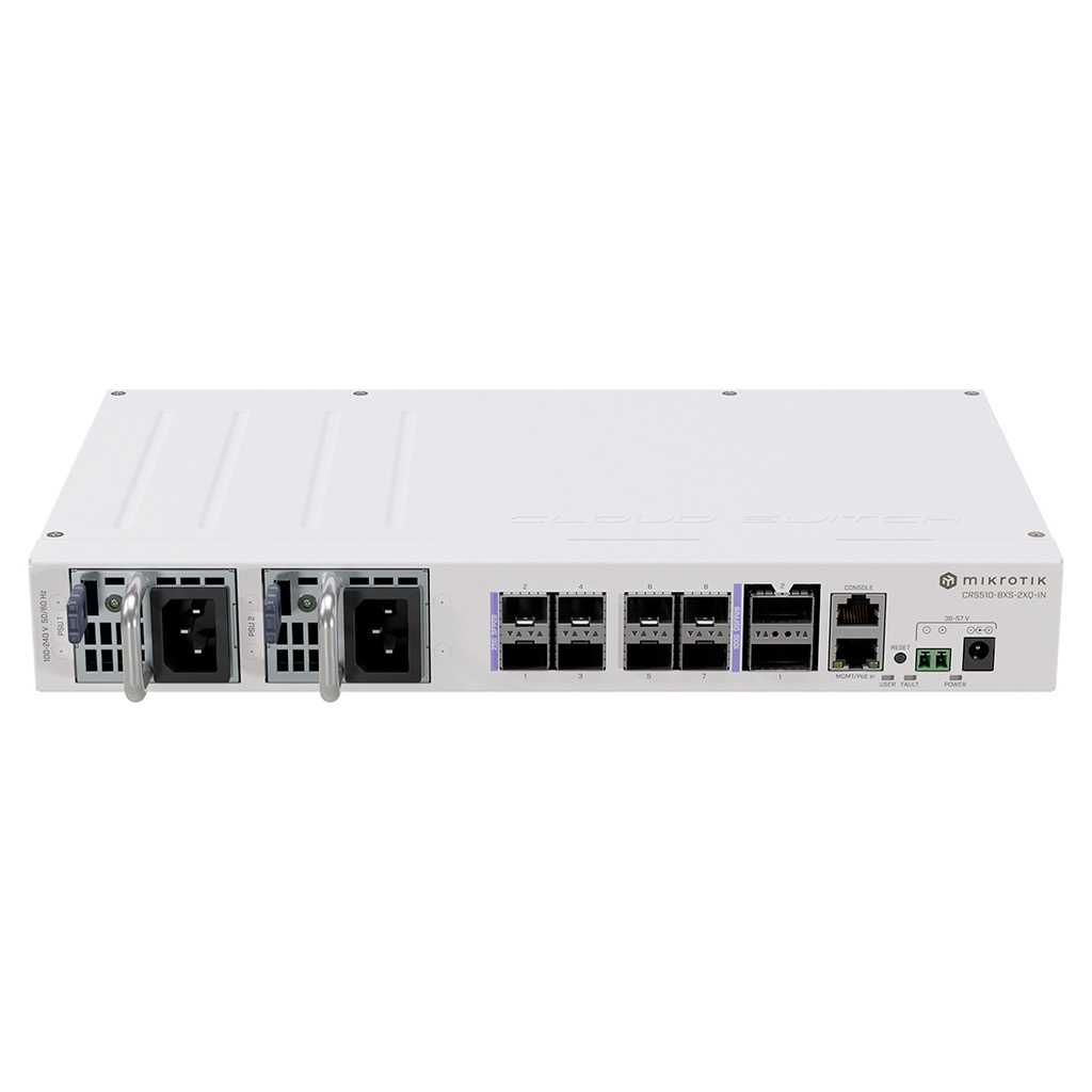 CRS510-8XS-2XQ-IN, Switch CPU 650MHz, 128MB RAM, 1 Eth 10/100, 8 SFP28 25G, 2 QSFP28 100G, CA/CD y 802.3bt PoE-in, RouterOS