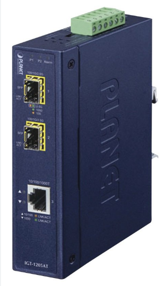 IGT-1205AT, Convertidor de Medios Industrial de 1 Puerto Ethernet 10/100/1000 Base-T a 2 Puertos SFP 100/1000/2500 Base-X