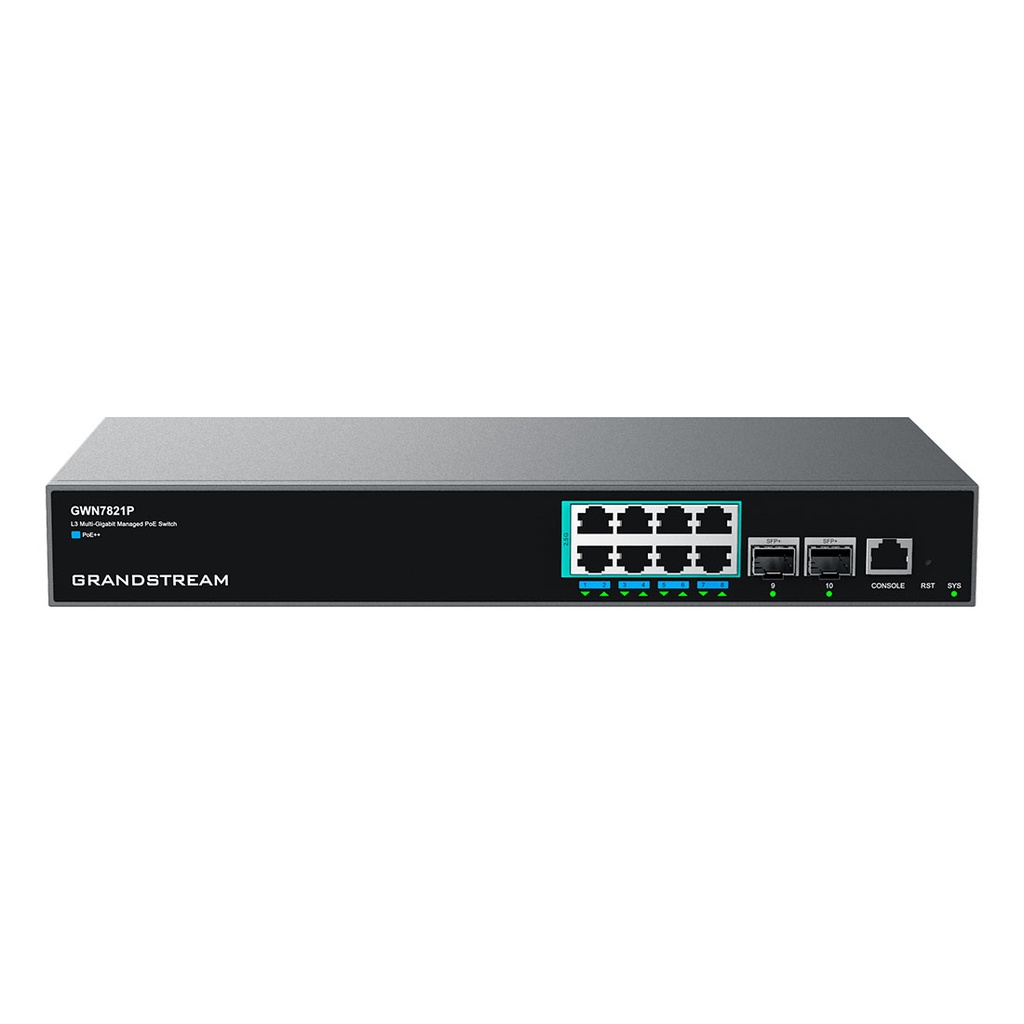 GWN7821P, Switch de agregación PoE++ Administrable capa 3, 8 x 2.5GigaEth PoE 802.3af/at/bt, 2 x 10Giga SFP+, 280w, stacking
