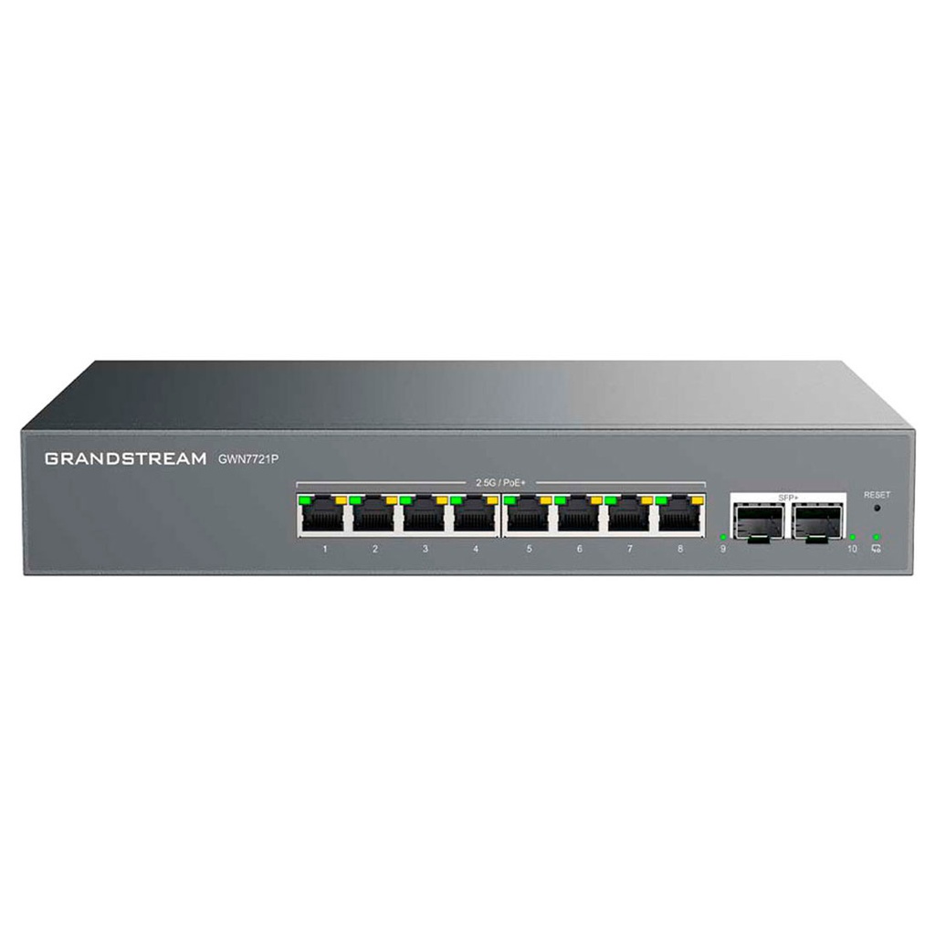 GWN7721P, Switch Administrable Capa 2-lite, 8 puertos 2.5GEth, 8xPoE/at, 130w, 2 puertos SFP+ de 10G
